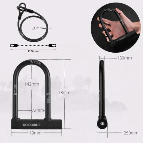 ROCKBROS Chinese Style Bicycle Locks U Shape Electric Scooter Padlock Anti-theft Bike Lock Cable Set MTB Road Bike Accessories - Image 6